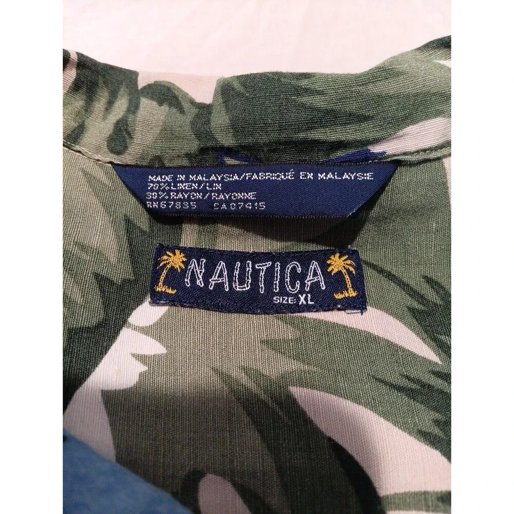Nautica Shirt Mens XLarge Blue Linen Blend Hawaiian Camp Island Beach Hula Girl - Picture 2 of 4
